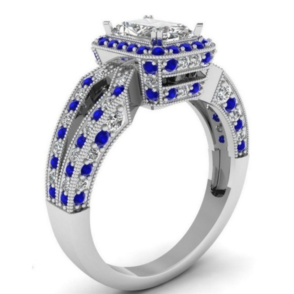 925 Silver Emerald Cut White Sapphire Wedding Ring - Picture 3 of 4
